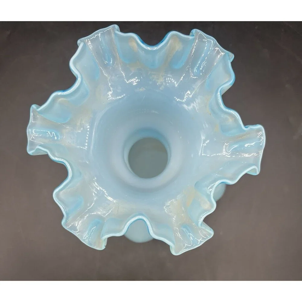 Vintage Fenton Blue Opalescent Melon Vase Ruffled Crimped Rim Art Glass 7.5”